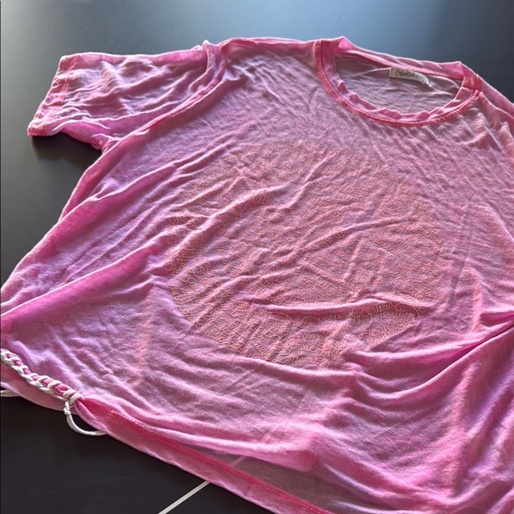 Lauren Moshi Pink Sheer Happy face logo Top